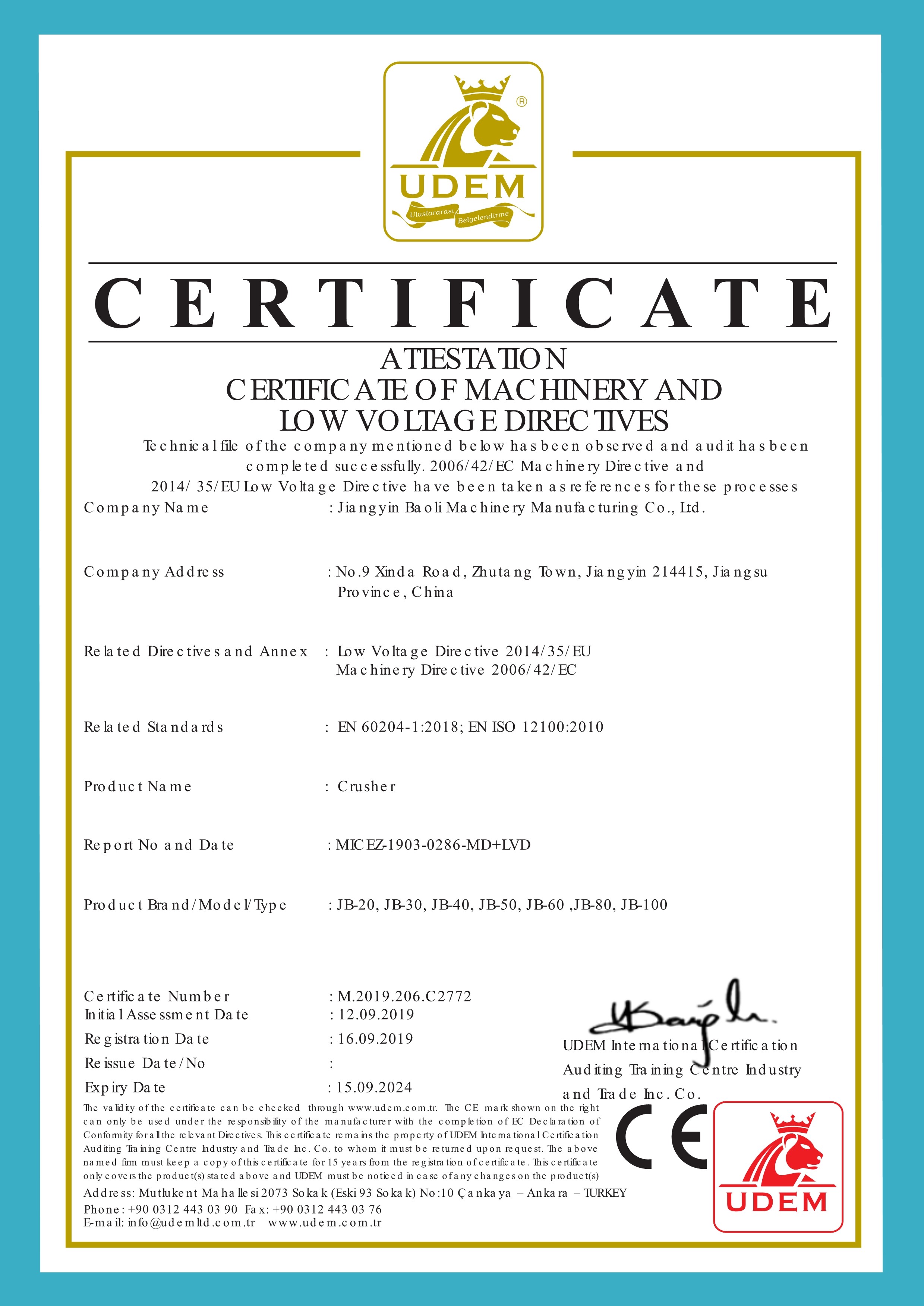 China Jiangyin Baoli Machinery Manufacturing Co., Ltd. Certificaten